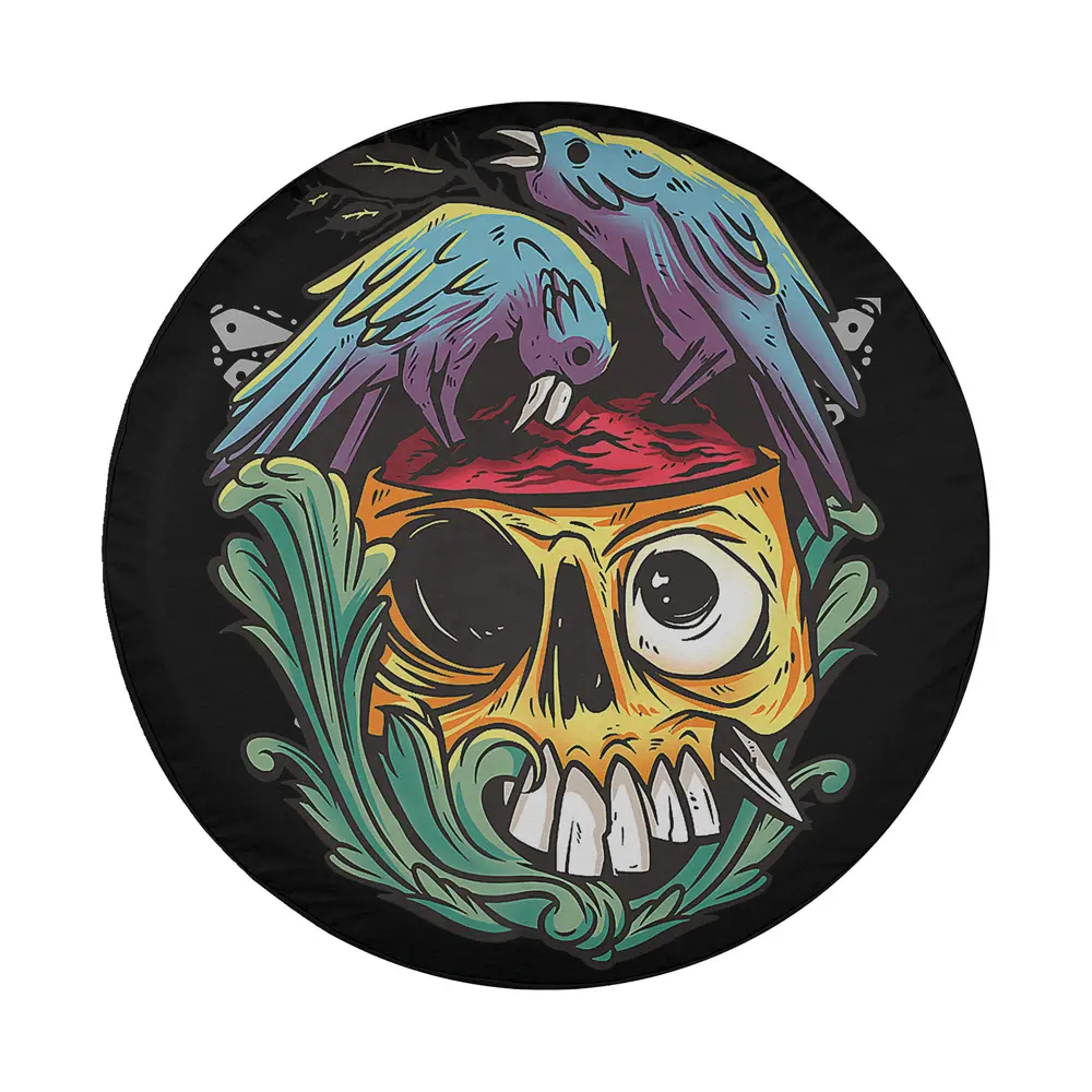 Graphic of cartoon skull with exposed brain and purple crows for Halloween tire cover