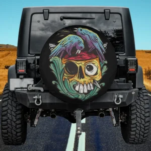 Halloween spare tire cover with purple crows eating exposed brain on cartoon skull, no camera hole