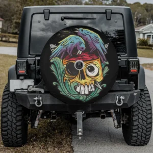 Halloween spare tire cover with purple crows, exposed brain skull, with backup camera hole