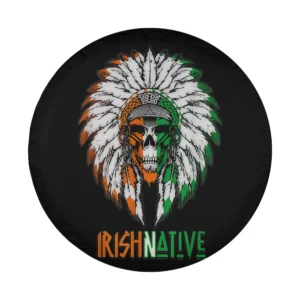 Irish Native American skull with feathered headdress and Celtic knot tire cover design