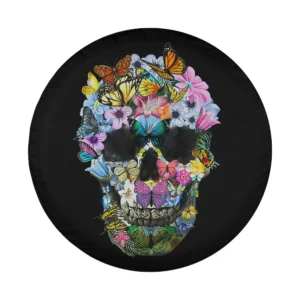 Colorful skull made of butterflies and flowers Halloween spare tire cover design