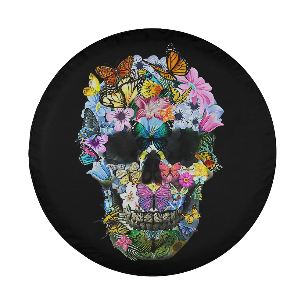 Colorful skull made of butterflies and flowers Halloween spare tire cover design