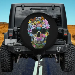 Floral butterfly skull colorful Halloween spare tire cover with no camera hole for Jeep or SUV