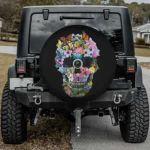 Floral butterfly skull colorful Halloween spare tire cover with backup camera hole for Jeep or SUV