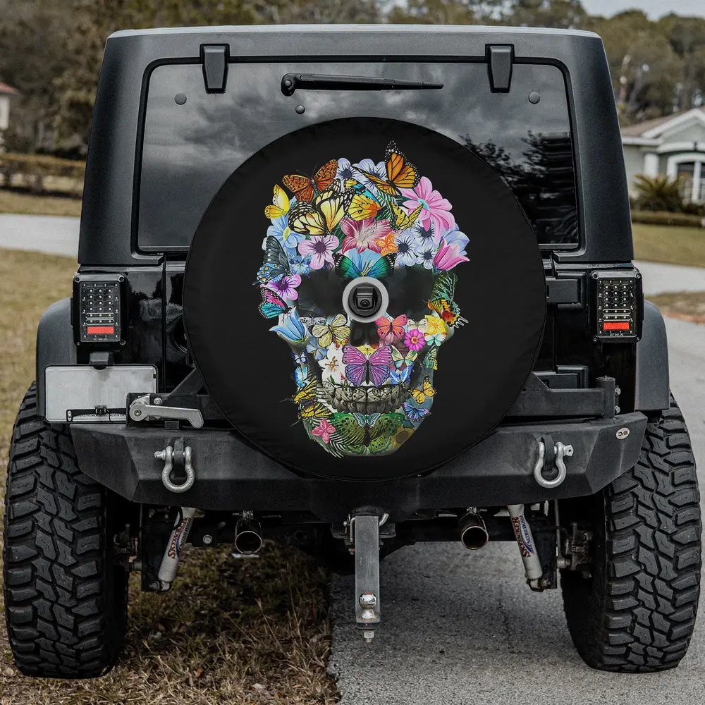 Floral butterfly skull colorful Halloween spare tire cover with backup camera hole for Jeep or SUV
