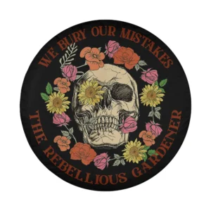 Skull with floral wreath and rebellious gardener text Halloween tire cover design