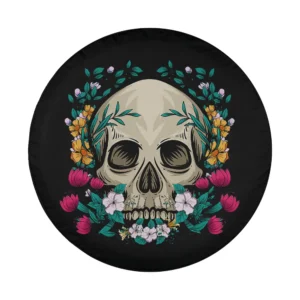 Floral skull wildflower botanical flower Halloween spare tire cover design closeup