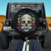 Floral skull wildflower botanical flower spare tire cover with no camera hole on Jeep