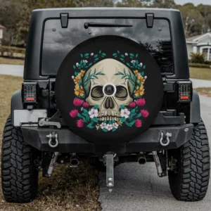 Floral skull wildflower botanical flower spare tire cover with backup camera hole on SUV