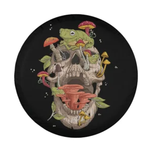 Cottagecore frog and mushroom skull surrounded by mushrooms and leaves Halloween tire cover art