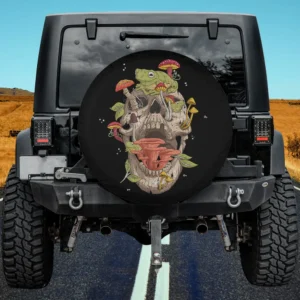 Cottagecore frog and mushroom skull Halloween spare tire cover with no camera hole for Jeep or SUV