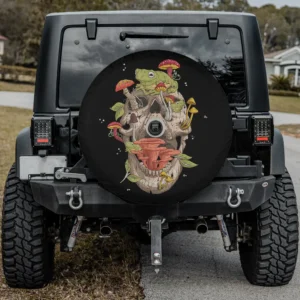Cottagecore frog and mushroom skull Halloween spare tire cover with backup camera hole for Jeep