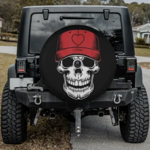 Spare tire cover with red heart cap skull skeleton design and camera hole