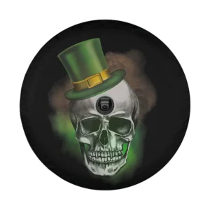 St. Patrick's Day spare tire cover featuring skull with green leprechaun hat