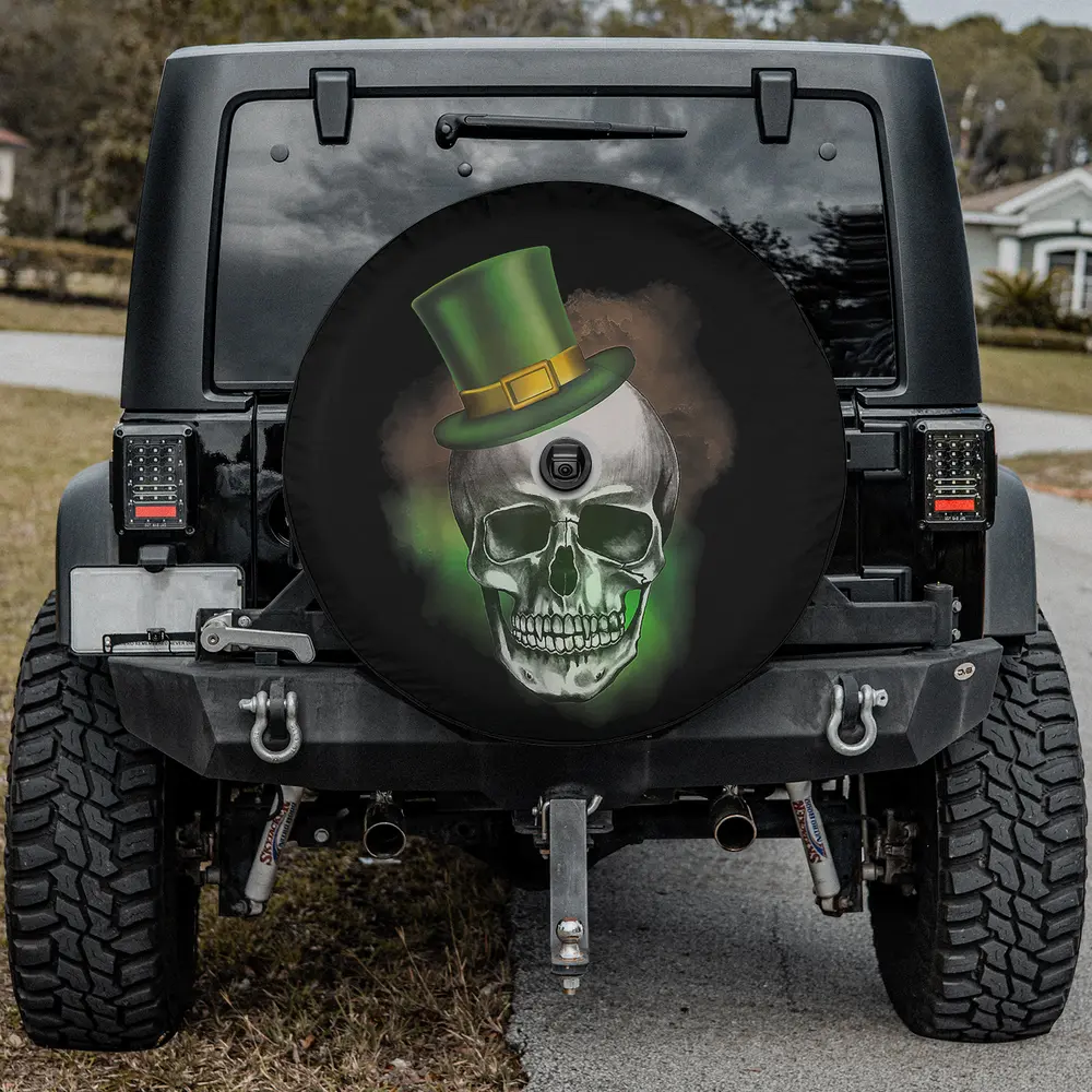 Green leprechaun hat skull St. Patrick's Day spare tire cover with camera hole