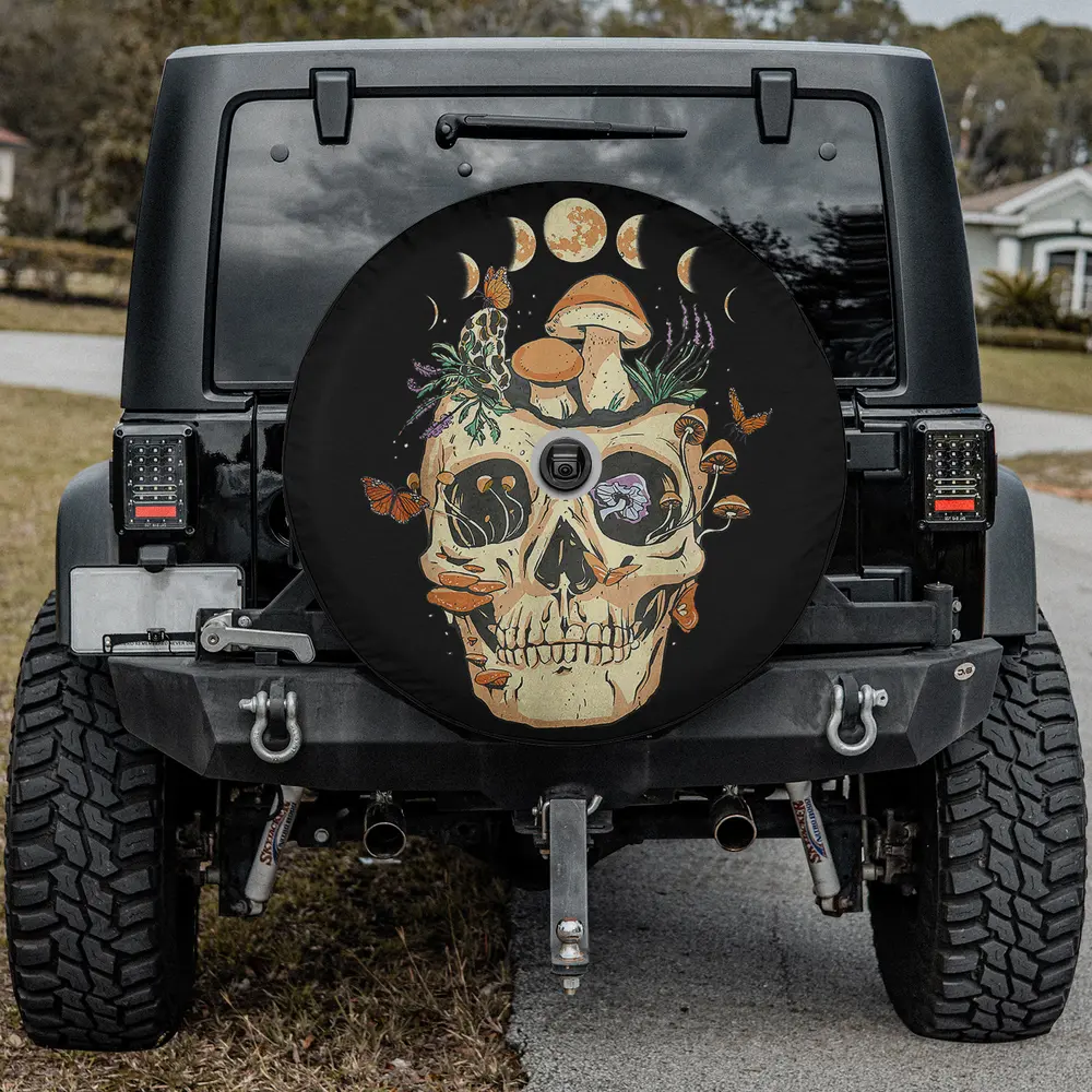 Skull mushroom monarch butterfly goth spare tire cover with camera hole for SUV RV
