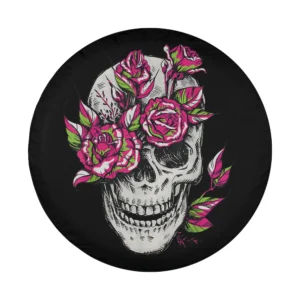 skull pink rose floral bone goth Halloween tire cover design closeup