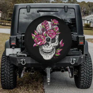 skull pink rose floral bone goth spare tire cover with camera hole for Jeep SUV RV