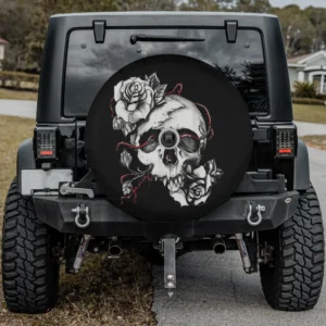 Skull with white roses and red vines Halloween spare tire cover with camera hole