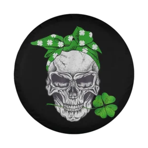 Design of skull with green shamrock headband and clover for St Patricks Day tire cover