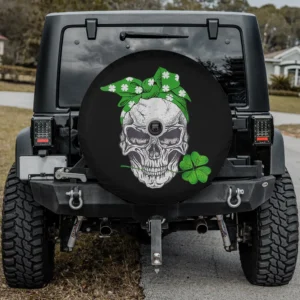 Spare tire cover with skull, green shamrock headband, clover for St Patricks Day, backup camera hole