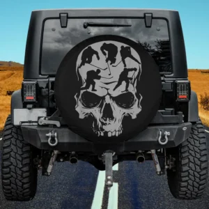 Skull silhouette with hockey players Halloween spare tire cover no camera hole