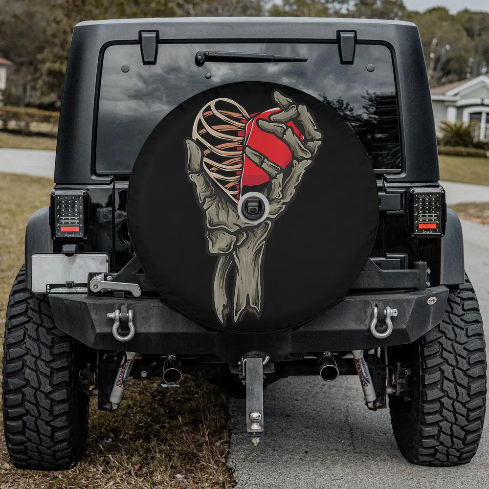 skull skeleton hand holding red heart love spare tire cover with camera hole