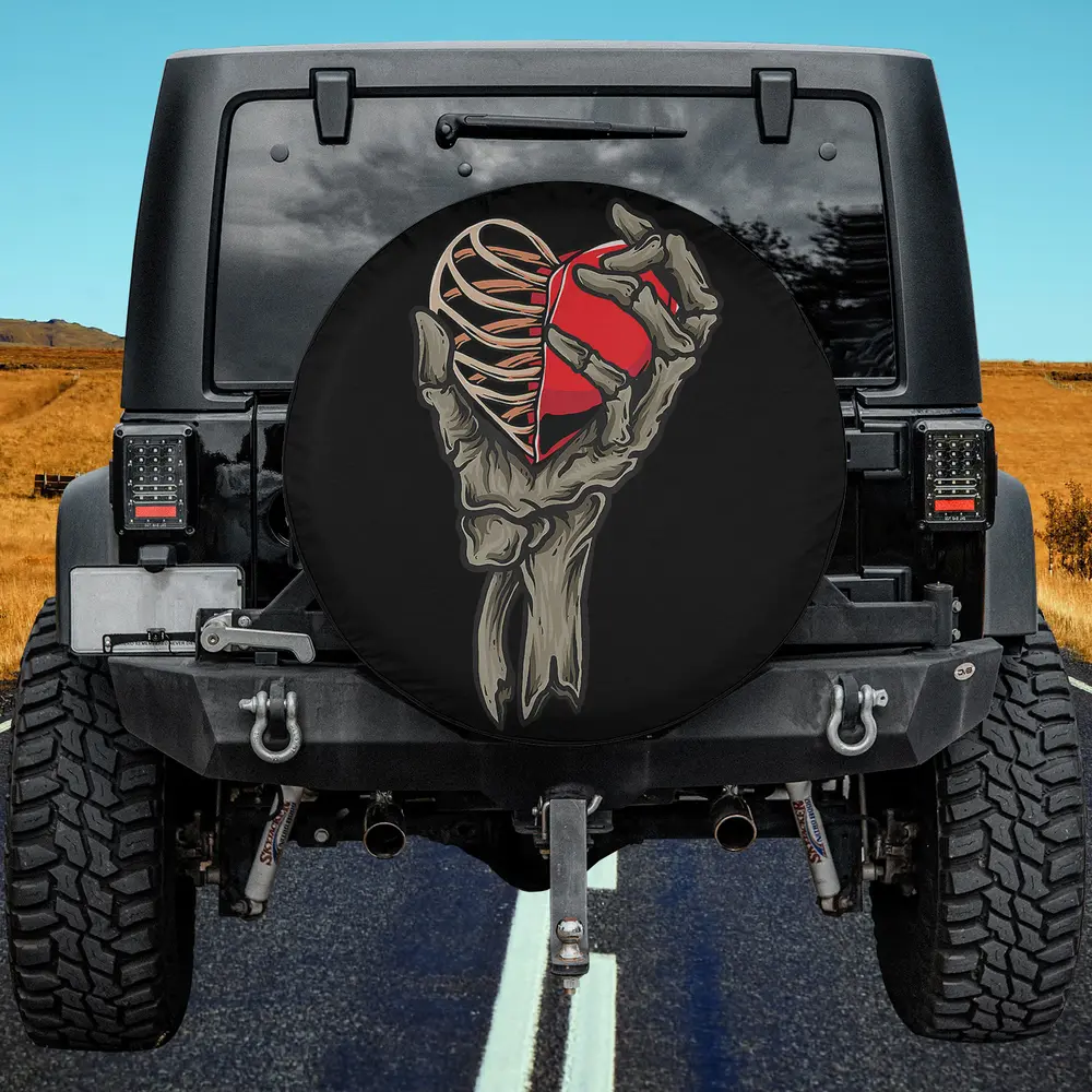 skull skeleton hand holding red heart love spare tire cover no camera hole