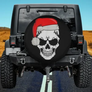Christmas Santa hat skull skeleton spare tire cover on Jeep with no camera hole