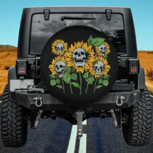 skull sunflower skeleton halloween spare tire cover on Jeep with no camera hole