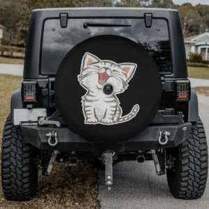 smiling cartoon cat joyful face spare tire cover with backup camera hole