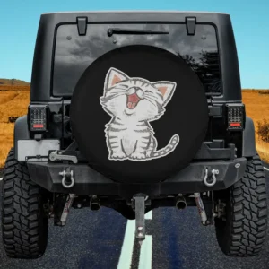 smiling cartoon cat joyful face spare tire cover on Jeep SUV RV