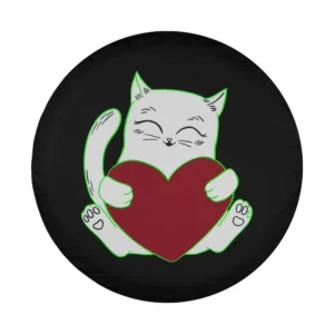 Cartoon smiling cat holding red heart valentine tire cover design