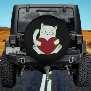 Smiling cat hugging red heart cartoon valentine spare tire cover no camera hole
