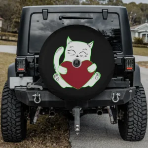 Smiling cat hugging red heart cartoon valentine spare tire cover with camera hole