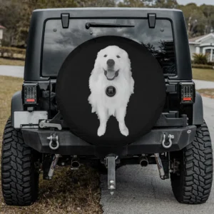 Spare tire cover with smiling Great Pyrenees dog and backup camera hole