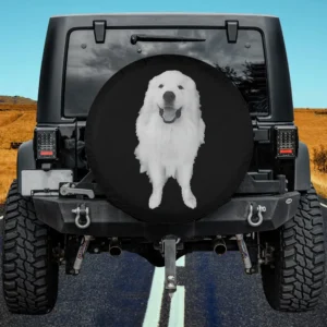Smiling Great Pyrenees white dog spare tire cover on Jeep for SUV RV