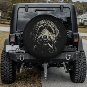smoking cigarette goldendoodle dog spare tire cover with camera hole