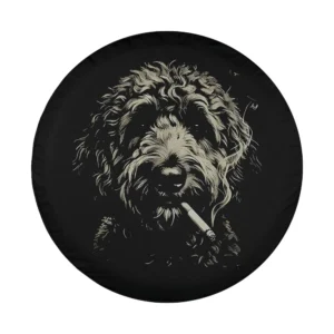 goldendoodle dog smoking cigarette illustration for spare tire cover