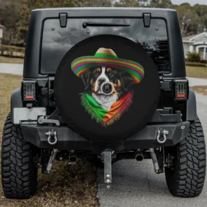 Bernese Mountain Dog with sombrero and Mexican scarf spare tire cover, with camera hole