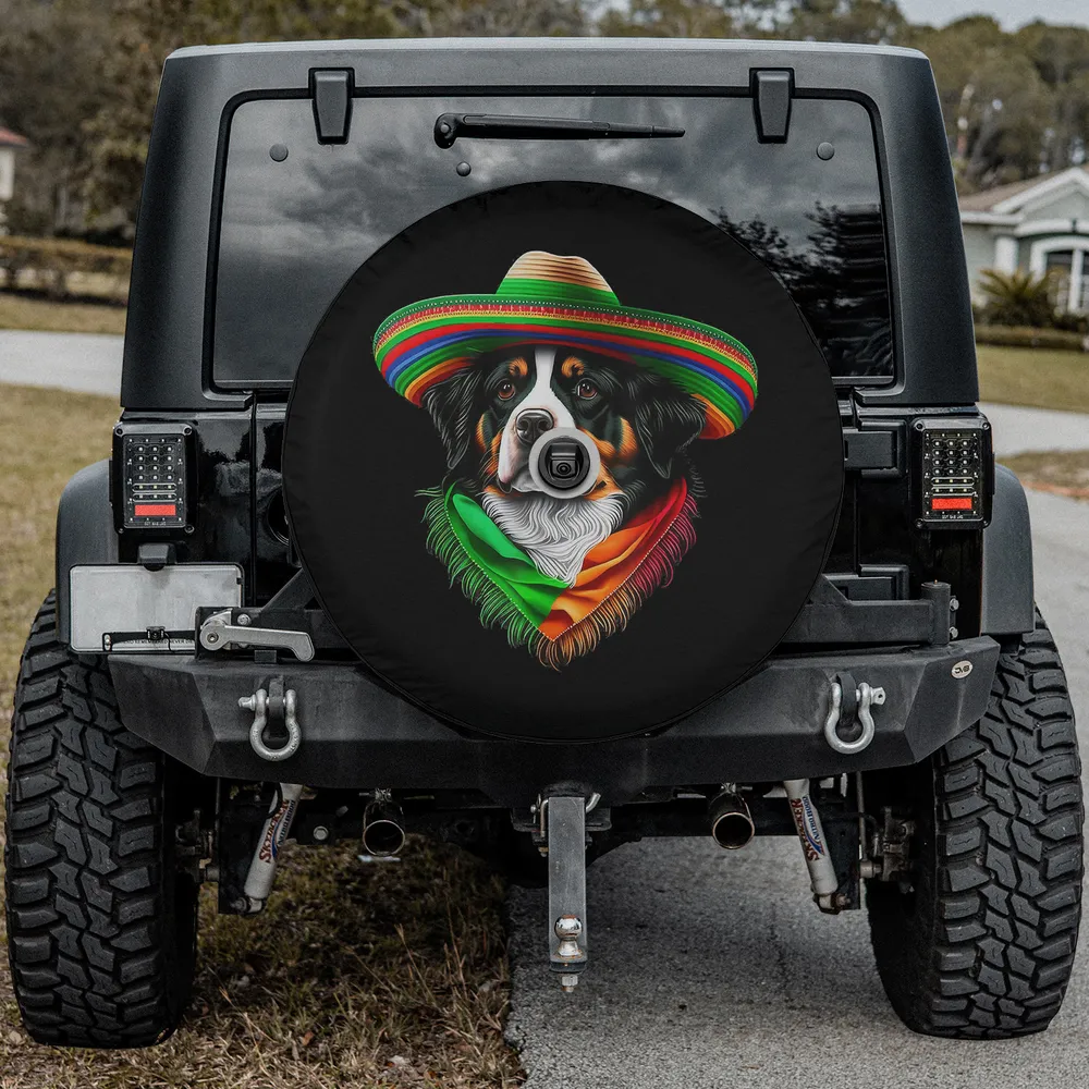 Bernese Mountain Dog with sombrero and Mexican scarf spare tire cover, with camera hole