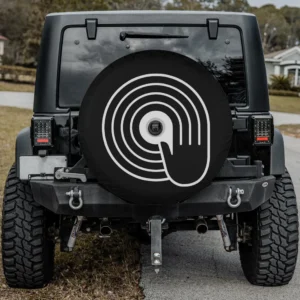 spin hand vinyl record minimalist spare tire cover with camera hole Land Rover Defender
