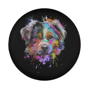 splash art australian shepherd dog design for spare tire cover, multicolor paint effect