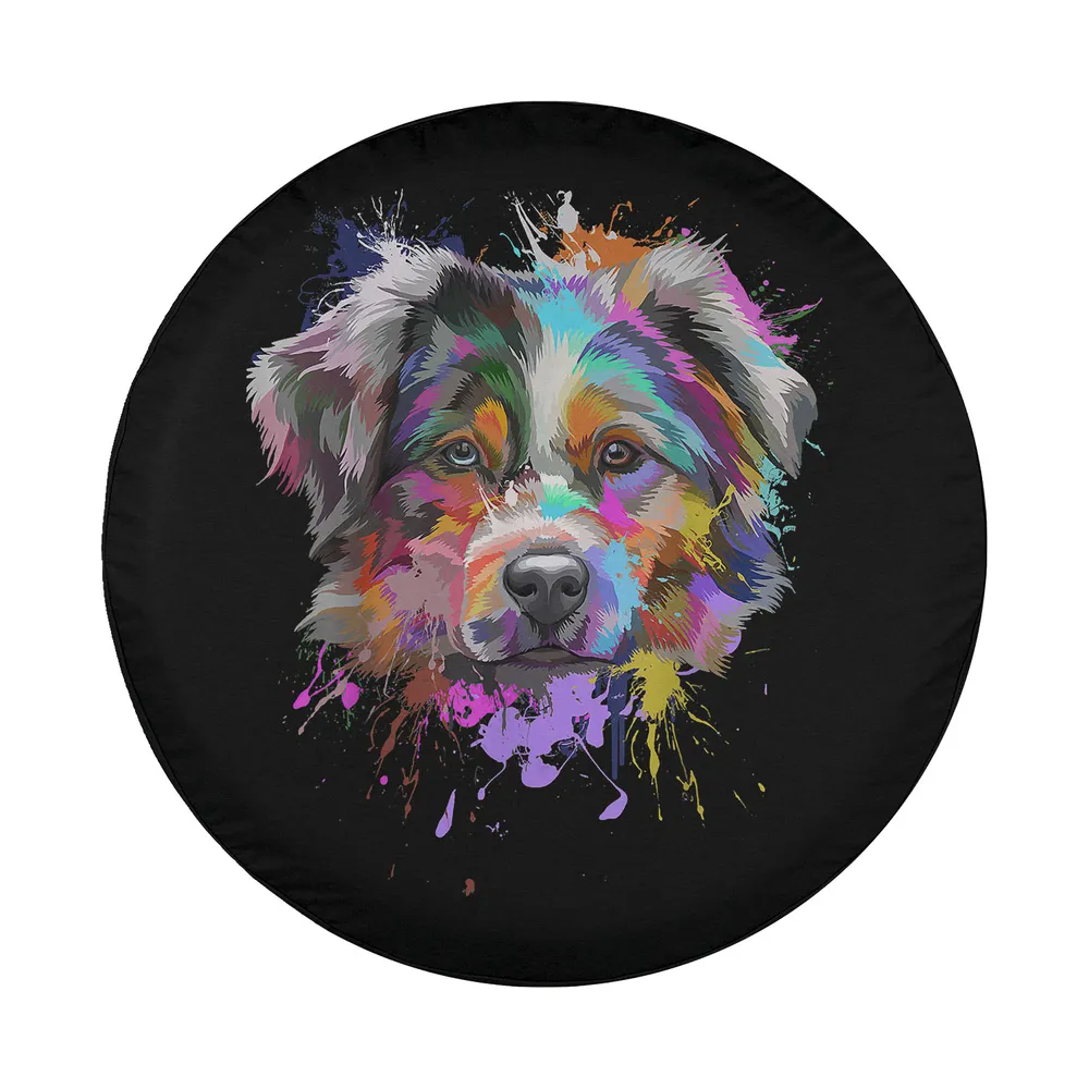 splash art australian shepherd dog design for spare tire cover, multicolor paint effect