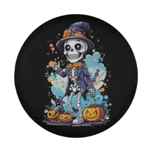Cartoon skeleton wearing witch hat with pumpkins and bats for Halloween spare tire cover