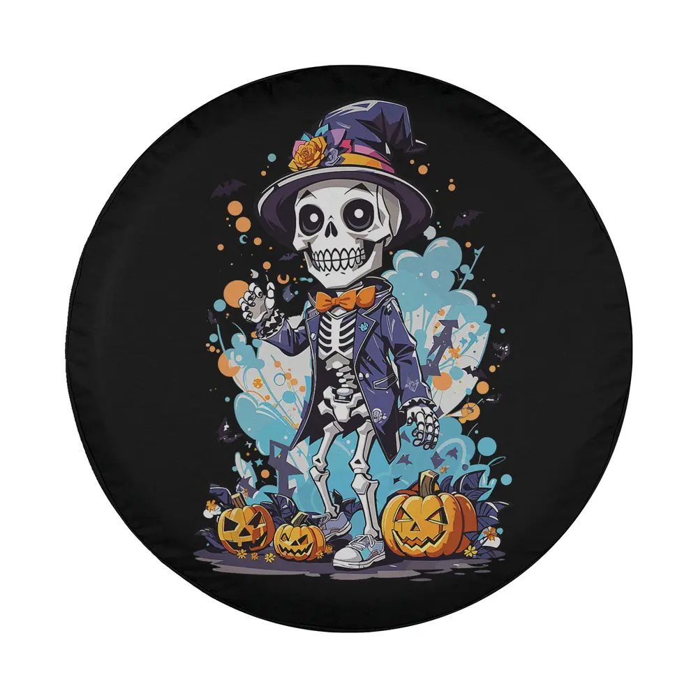 Cartoon skeleton wearing witch hat with pumpkins and bats for Halloween spare tire cover