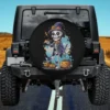 Spooky skeleton with witch hat and pumpkins on Halloween spare tire cover for Jeep or SUV, no camera hole