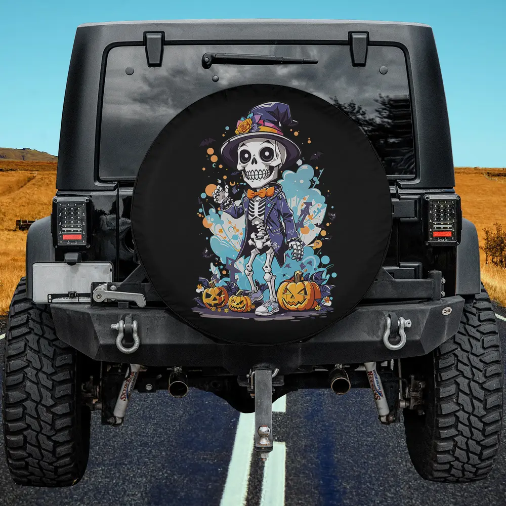Spooky skeleton with witch hat and pumpkins on Halloween spare tire cover for Jeep or SUV, no camera hole