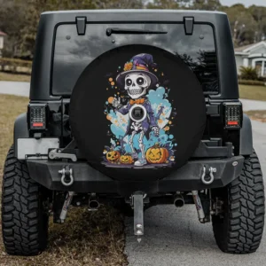 Spooky skeleton with witch hat and pumpkins Halloween spare tire cover for Jeep or SUV, with camera hole