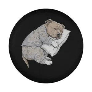 Hand-drawn sleepy Staffordshire Bull Terrier in pajamas hugging pillow illustration